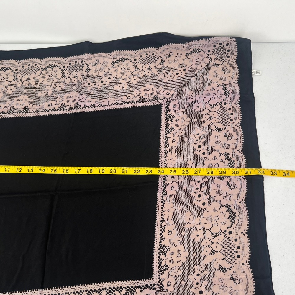 Lanvin Paris Silk Square Scarf Black Pink Floral Lace Print Hand Rolled - Picture 6 of 12